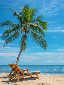 热带棕榈摄影照片_阳光明媚的日子热带海洋海滩上的木制露台摇篮日光浴床和棕榈树