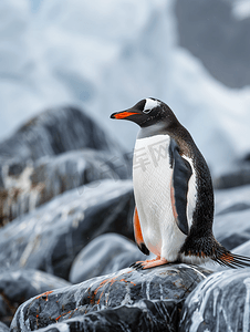 可爱的鸟摄影照片_南极库弗维尔岛岩石上发痒的巴布亚企鹅