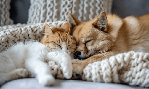 沙发猫咪摄影照片_白猫和棕狗在沙发上休息睡觉