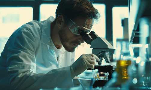 男性科学家在显微镜下观察培养皿中的样本
