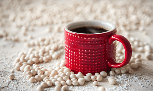 白杯子摄影照片_红色陶瓷杯白豌豆配热黑咖啡