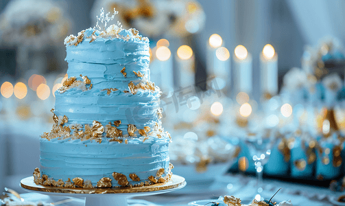 生日快乐蓝色摄影照片_带有可食用金箔的婚礼蓝色蛋糕