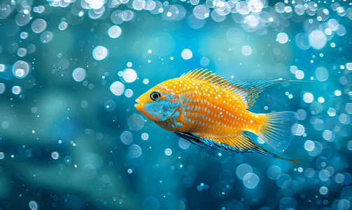 水下气泡摄影照片_水族馆丽鱼科鱼在一个美丽的水族馆里有蓝色背景和气泡