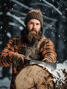 一个留着胡子的伐木工人正在砍一根木头