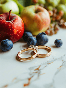 结婚戒指背景戒指与水果