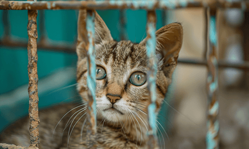 乌兹别克斯坦布哈拉的虎斑猫透过栅栏往外张望
