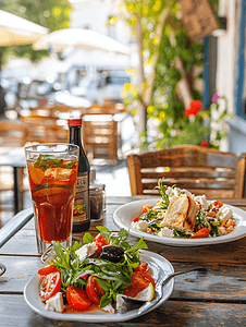 餐厅盘子摄影照片_在户外咖啡馆享用传统午餐包括美味的新鲜希腊沙拉冰沙和穆萨卡