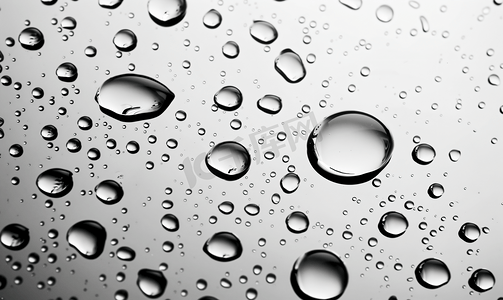 雨滴底纹摄影照片_湿玻璃的黑白图像水滴的特写图像
