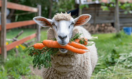 一只羊站在牧场上吃胡萝卜