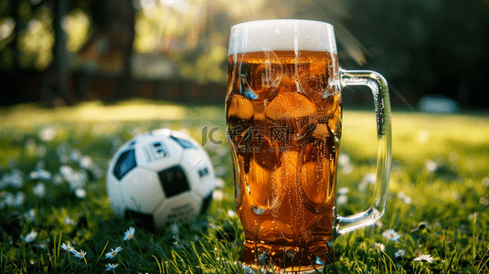 足球赛事啤酒和足球体育背景