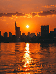 树从摄影照片_从水上看日落时的东京天际线