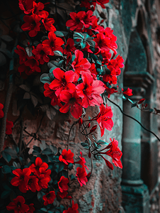 中世纪教堂背景上的红色花朵