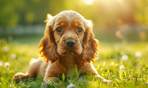 在草背景的英国小狗可卡犬