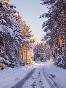 冬季道路雪中的圣诞树冬日雪景中的小路雪夜