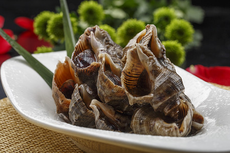 异形白瓷盘装的海鲜酱爆小海螺