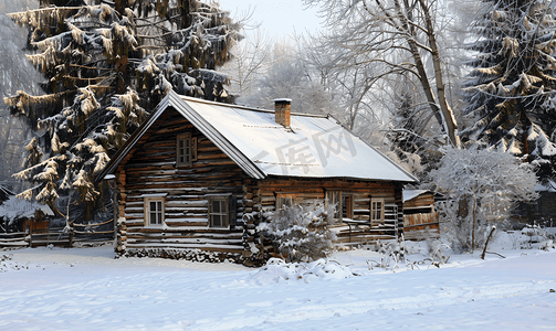 软雪背景中的老木小屋