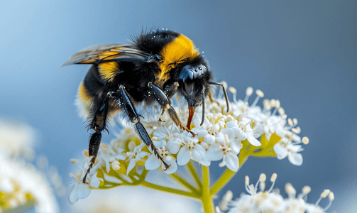 一只大黄蜂坐在花上采集花粉花朵的自然授粉
