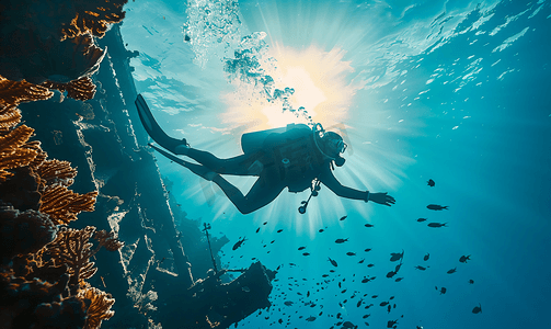 毕业人物剪影摄影照片_红海翁布里亚沉船上的水肺潜水员剪影