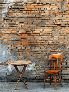 砖墙上的木椅和桌子