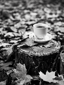 矢量复古花边摄影照片_落叶间树桩上一杯咖啡的黑白照片