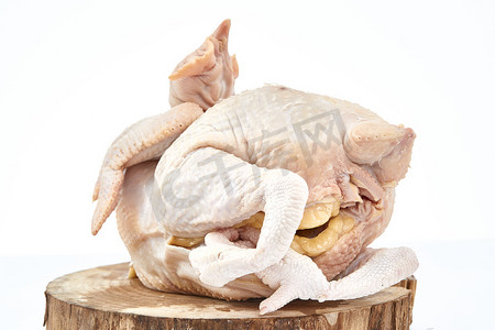 柚子红肉白肉摄影照片_摆放在白色背景上的生鲜鸡肉整鸡