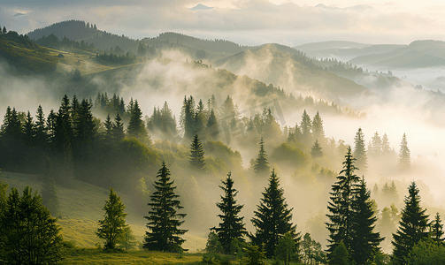 森林冒险摄影照片_雾蒙蒙的起伏山丘与松树风景照片