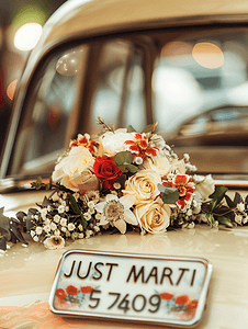 刚刚结婚的车漂亮的婚车带铭牌刚刚结婚