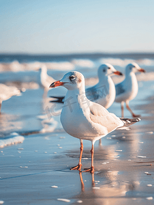 灰色沙滩摄影照片_在波罗的海附近沙滩上行走的海鸥