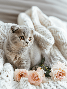 可爱的苏格兰折耳猫小猫白色毯子上有精致的玫瑰