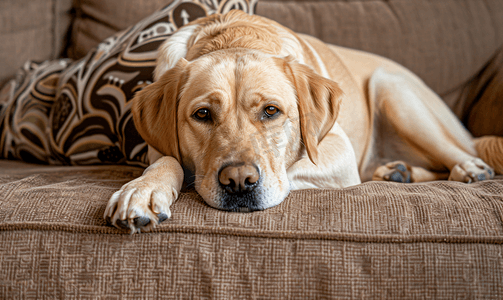 拉布拉多猎犬品种的狗躺在棕色沙发上一只动物是家里的宠物