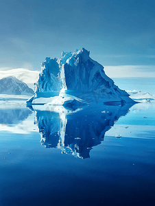 蓝色背景漂浮摄影照片_巨大的蓝色冰山在南极洲偏僻的地方漂过大海