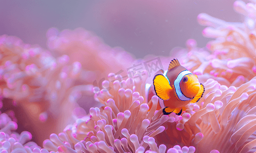 粉红色紫色海葵里面的小丑鱼