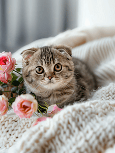 顽皮摄影照片_可爱的苏格兰折耳猫小猫白色毯子上有精致的玫瑰