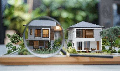 两栋样板房和放大镜房屋选择房地产概念