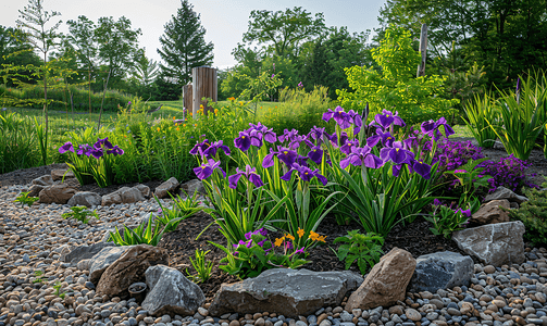 花园中的紫色鸢尾花坛