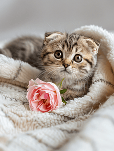 顽皮摄影照片_可爱的苏格兰折耳猫小猫白色蓬松的格子上有一朵粉红色的玫瑰