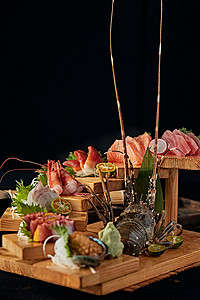日本料理水彩摄影照片_摆放精美的日本料理刺身拼盘