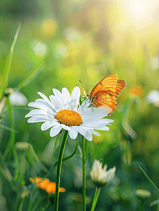 绿草中蝴蝶与白色雏菊花的特写