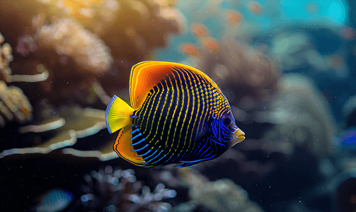 珊瑚礁背景中的蝴蝶天使鱼黄色和蓝色