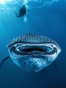 巴布亚鲸鲨与潜水员水下亲密接触