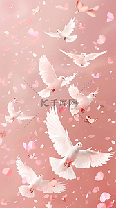 粉色花瓣背景里飞翔的白鸽