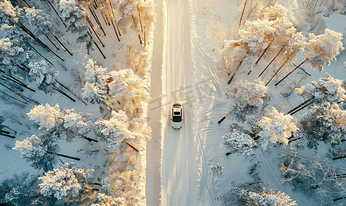 寒冷冬季摄影照片_汽车驾驶穿过冬季森林道路的鸟瞰风景冬季景观