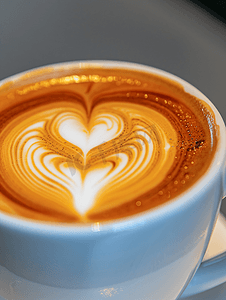一杯热咖啡底部心形拿铁艺术的特写