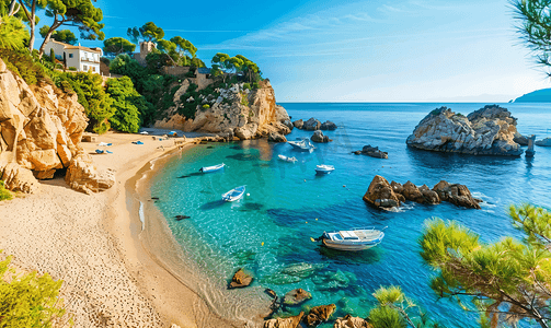 西班牙布拉瓦海岸加泰罗尼亚地中海的沿海景观和田园诗般的海滩