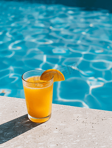 烟滤嘴广告图摄影照片_泳池边的橙汁