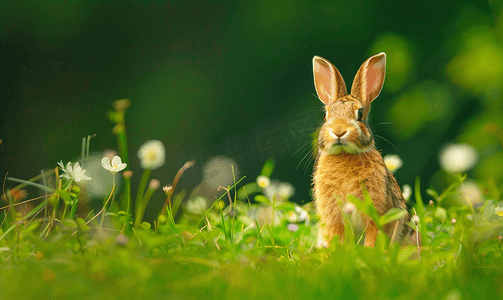 户外草丛摄影照片_草地上的一只野兔看着相机