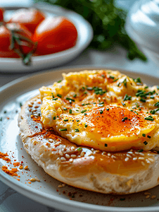 西红柿炒鸡蛋插画摄影照片_传统土耳其早餐西米特面包炒鸡蛋