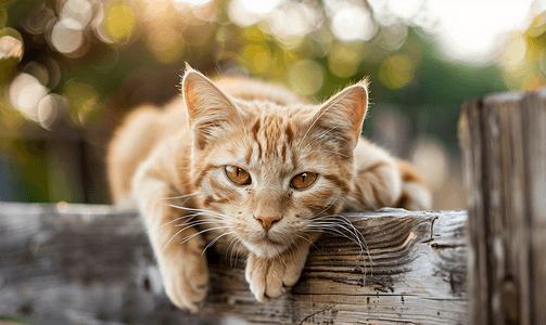 质朴的姜猫躺在木栅栏上