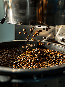 烘豆摄影照片_在现代咖啡烘焙机上新鲜烘焙的芳香咖啡豆