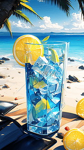 蓝色清凉夏日海边沙滩上一杯冷饮背景